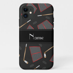 名前をカスタムするブラックホッケースティックは網を打つ iPhone 11 ケース