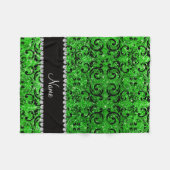 名前をカスタムするブラックライムグリーングリッターダマスク フリースブランケット (正面(横))