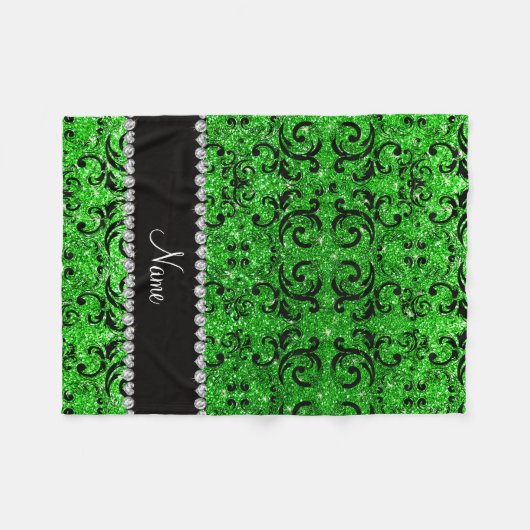 名前をカスタムするブラックライムグリーングリッターダマスク フリースブランケット (正面(横))