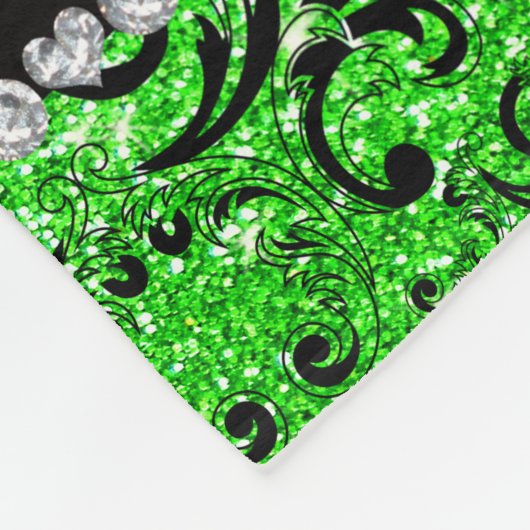 名前をカスタムするブラックライムグリーングリッターダマスク フリースブランケット (角)