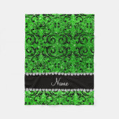 名前をカスタムするブラックライムグリーングリッターダマスク フリースブランケット (正面)