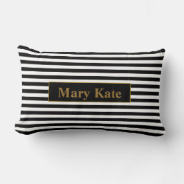 名前をカスタムするブラック/ホワイトのストライプ ランバークッション