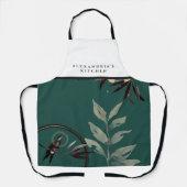 名前をカスタムするブラック&ホワイトティール（緑がかった色）水彩葉 エプロン (正面)