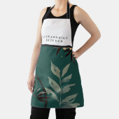 名前をカスタムするブラック&ホワイトティール（緑がかった色）水彩葉 エプロン (インサイチュ)