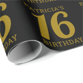 名前をカスタムするブラック&金ゴールド16誕生日 ラッピングペーパー (ロールコーナー)