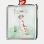 名前をカスタムするブリタニーペットドッグ メタルオーナメント (左)