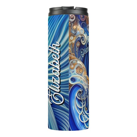 名前をカスタムするブルーと金ゴールド抽象芸術海波 タンブラー (裏面)