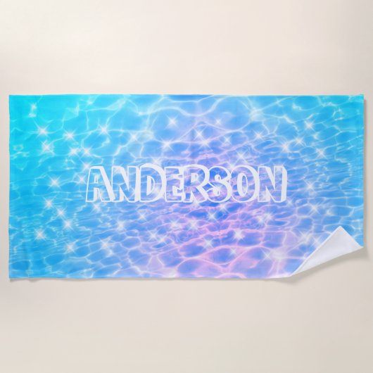 名前をカスタムするブルーウォーターのリップル水テクスチモダンャ ビーチタオル (正面)