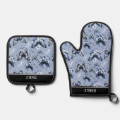 名前をカスタムするブルーバタフライパターン 鍋つかみ&鍋敷きセット (正面)