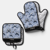 名前をカスタムするブルーバタフライパターン 鍋つかみ&鍋敷きセット (正面/裏面)