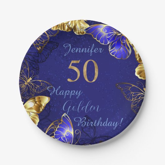 名前をカスタムするブルーバタフライパーティー紙プレート ペーパープレート (正面)
