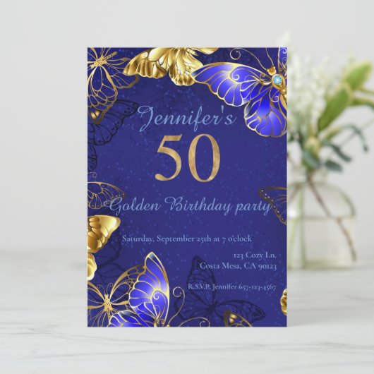 名前をカスタムするブルーバタフライパーティー 招待状 (スタンド正面)