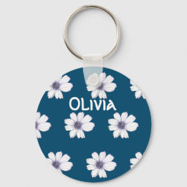 名前をカスタムするブルーフラワーパターンボタンキーリング キーホルダー