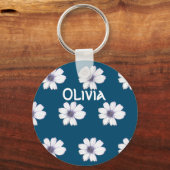 名前をカスタムするブルーフラワーパターンボタンキーリング キーホルダー (正面)
