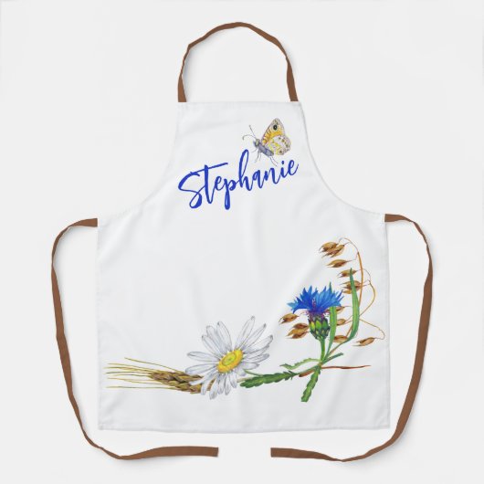名前をカスタムするブルーホワイトカーネーションデザインエプロン エプロン (正面)