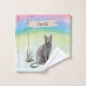 名前をカスタムするブルーロシアのキャットペット バスタオルセット (ウォッシュタオル)