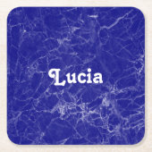 名前をカスタムするブルー大理石パターン スクエアペーパーコースター (正面)
