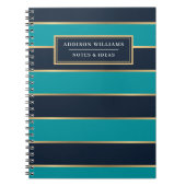 名前をカスタムするブルー金ゴールドストライプパターン ノートブック (正面)