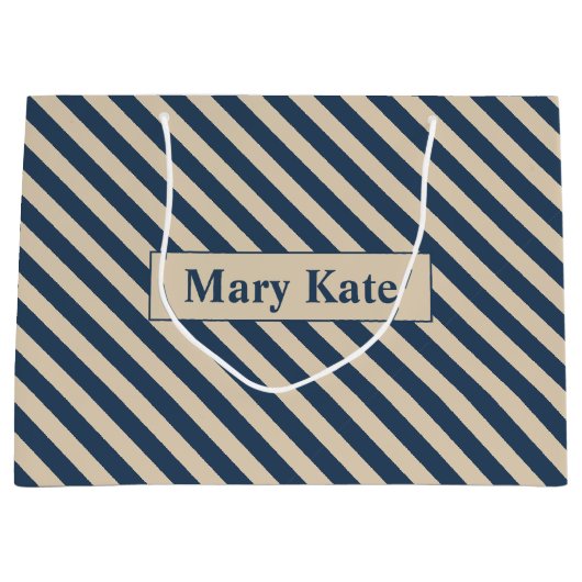 名前をカスタムするブルー/バニラストライプズ ラージペーパーバッグ (正面)