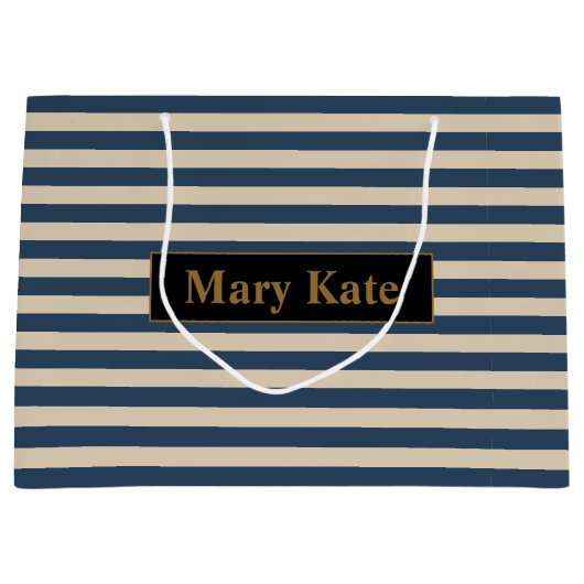 名前をカスタムするブルー/バニラストライプズ ラージペーパーバッグ (正面)