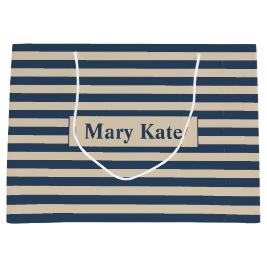 名前をカスタムするブルー/バニラストライプズ ラージペーパーバッグ (正面)