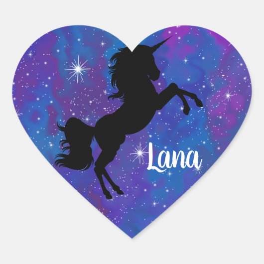 名前をカスタムするブルー/パープル銀河系ユニコーンステッカー ハートシール (正面)