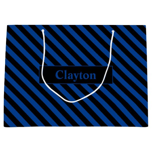 名前をカスタムするブルー/ブラックストライプ ラージペーパーバッグ (正面)