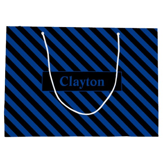 名前をカスタムするブルー/ブラックストライプ ラージペーパーバッグ (裏面)