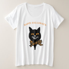 名前をカスタムするプラスTシャツアールヌーボー猫ハロウィーン プラスサイズTシャツ