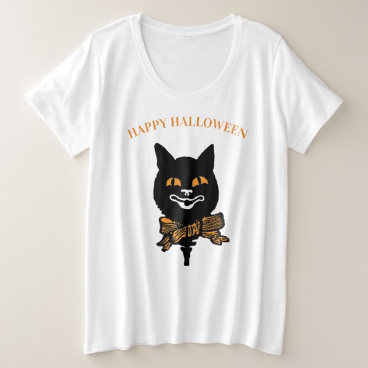名前をカスタムするプラスTシャツアールヌーボー猫ハロウィーン プラスサイズTシャツ (デザイン正面)
