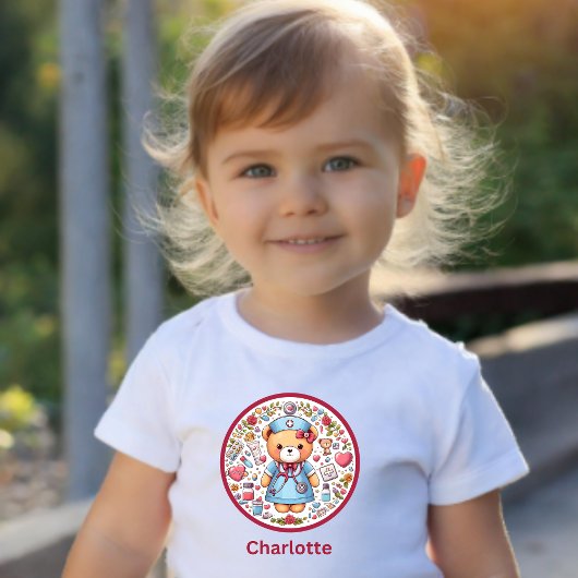 名前をカスタムするベビーガールナーステディベア ベビーTシャツ