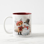 名前をカスタムするベビーキツネ及び雪だるま ツートーンマグカップ (左)