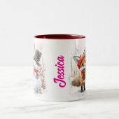 名前をカスタムするベビーキツネ及び雪だるま ツートーンマグカップ (中央)