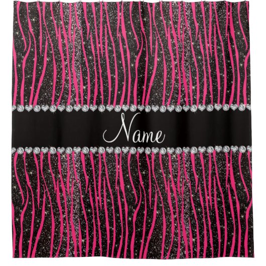 名前をカスタムするホットピンクゼブラストライプ黒グリッター シャワーカーテン (正面)
