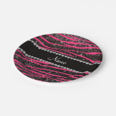 名前をカスタムするホットピンクゼブラストライプ黒グリッター ペーパープレート (アングル)