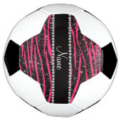 名前をカスタムするホットピンクゼブラ縞黒グリッター サッカーボール (回転)