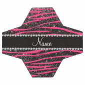 名前をカスタムするホットピンクゼブラ縞黒グリッター サッカーボール (フラット)