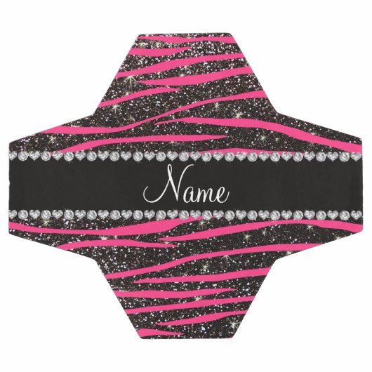 名前をカスタムするホットピンクゼブラ縞黒グリッター サッカーボール (フラット)