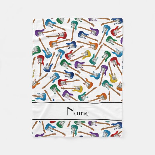 名前をカスタムするホワイトカラフルエレクトリックギター フリースブランケット (正面)