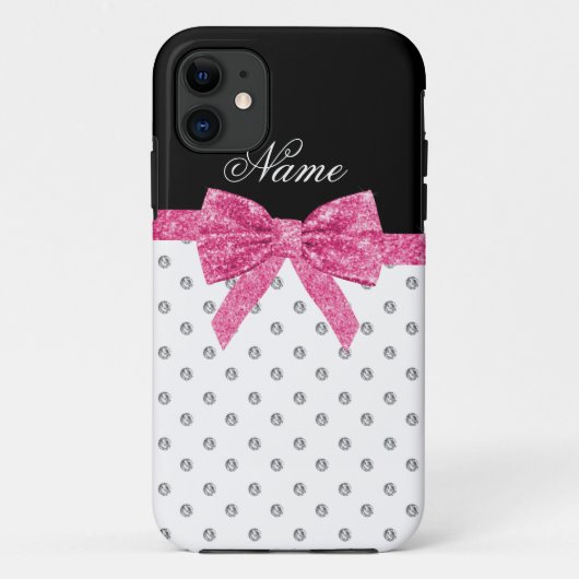 名前をカスタムするホワイトダイヤモンドピンクグリッターボウ Case-Mate iPhoneケース (裏面)