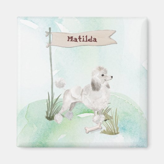 名前をカスタムするホワイトプードルペットドッグ マグネット (正面)