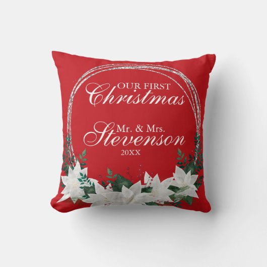 名前をカスタムするホワイトポインセチアフローラクリスマス クッション (正面)