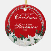 名前をカスタムするホワイトポインセチアフローラクリスマス セラミックオーナメント (正面)