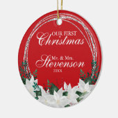 名前をカスタムするホワイトポインセチアフローラクリスマス セラミックオーナメント (左)