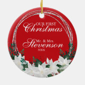 名前をカスタムするホワイトポインセチアフローラクリスマス セラミックオーナメント (裏面)