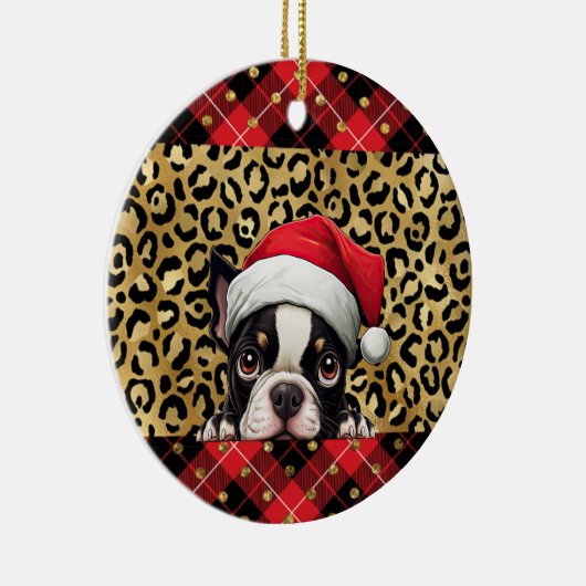 名前をカスタムするボストンテリアードッグサンタハットバッファローP セラミックオーナメント (右)