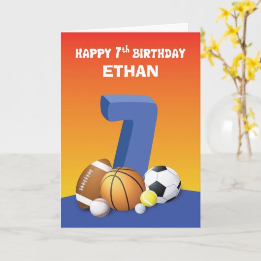 名前をカスタムするボーイセブン誕生日スポーツボール カード (黄色い花)