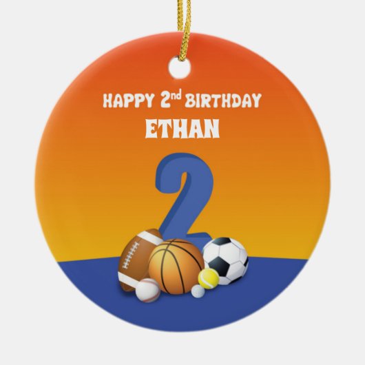 名前をカスタムするボーイ第2期バースデースポーツボール セラミックオーナメント (正面)