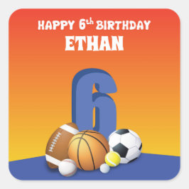 名前をカスタムするボーイ第6誕生日スポーツボール スクエアシール