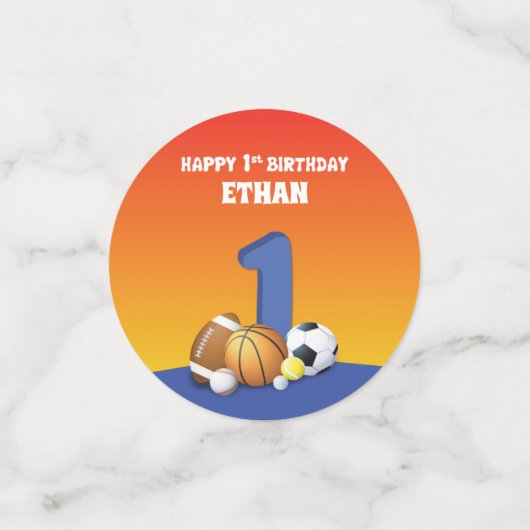 名前をカスタムするボーイ1歳バースデースポーツボール コンフェッティ (スモール正面)